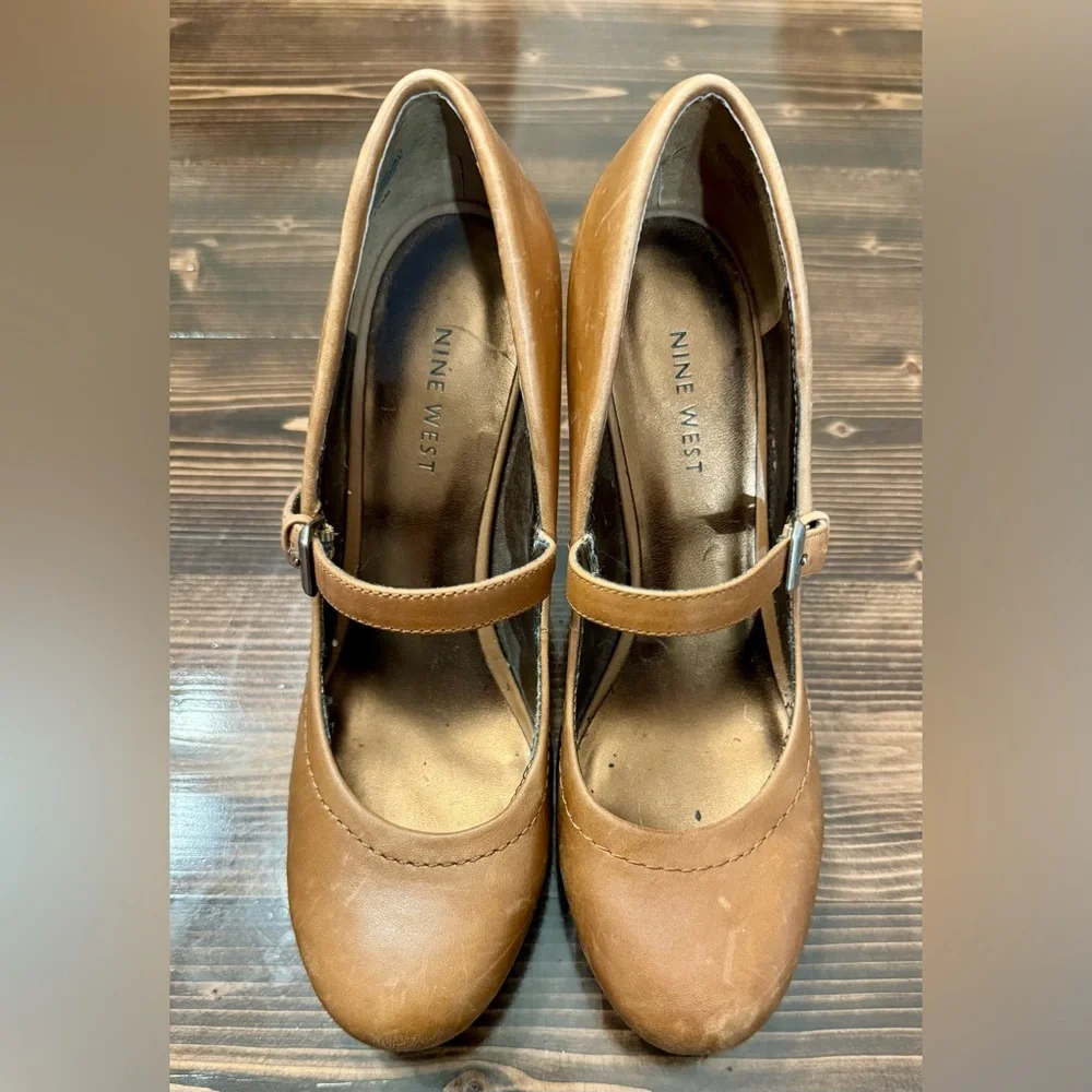 Vintage‎ Nine West Round Toe Platform Brown Leather Mary Jane Heels Size 7.5 - Picture 3 of 9